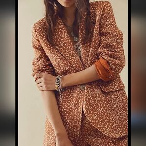 Free People Womens Maggie Suit Blazer Brown with Cream Floral Size 10